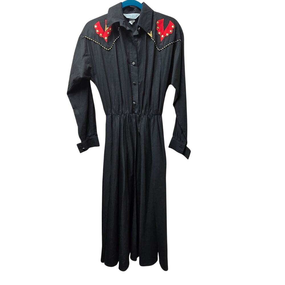 Lilia Smitty VTG Western Maxi Dress Womens 9/10 Black Red USA Rodeo